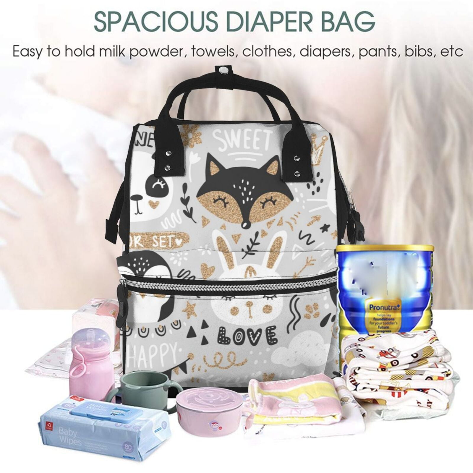 Ratiio Funny Animals Series Mummy Backpack - Waterproof Twill Canvas, Large Capacity Diaper Bag with Multiple Pockets and Adjustable Straps