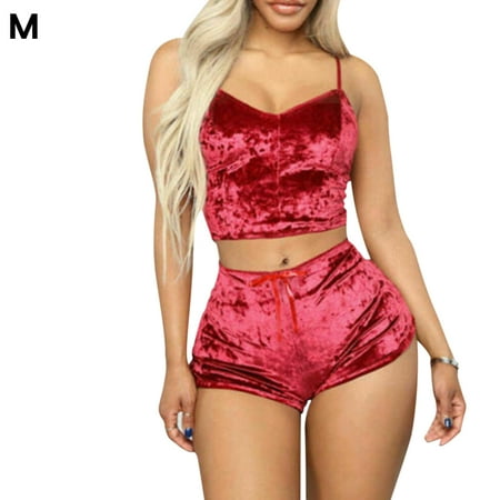 

Enchanting Velvet Top Shorts Set Women Sleepwear Underwear Lingerie Gift Red M