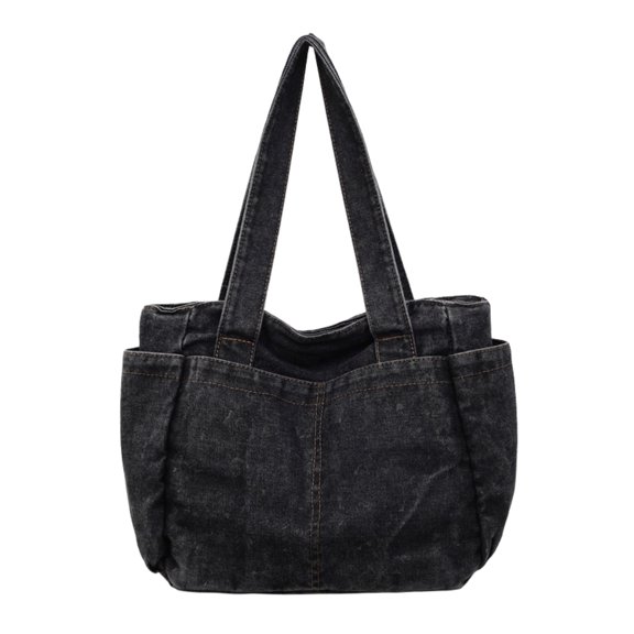 Casual Denim Tote Bag for Women Men, Multi Pocket Purse with Zipper Closure & Fixed Shoulder Straps, Lightweight Canvas Handbag for Work Travel Shopping
