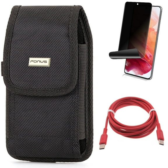 Case Belt Clip w Red 6ft Long Cable w Privacy Screen Protector for Samsung Galaxy S21 Plus - Rugged Holster, USB-C to Type-C PD Fast Charger, TPU Film Fingerprint Works Accessory Bundle