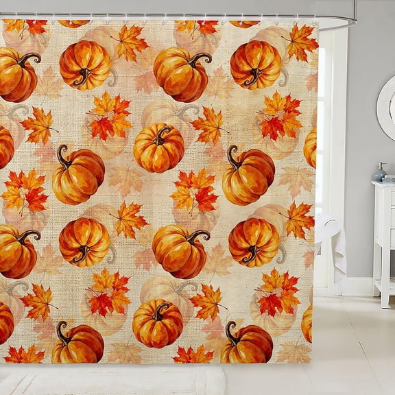 Fall Pumpkin Maple Leaves Shower Curtain for Bathroom Waterproof Fabric with Hooks 71x71 inches