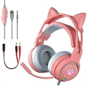 Gaming Headset with Cat Ears, Pink Headset with Surround Sound, RGB Backlight & Microphone, 3.5mm Cat Headphones with Mic for PS4, Xbox, PC, Mobile Phone