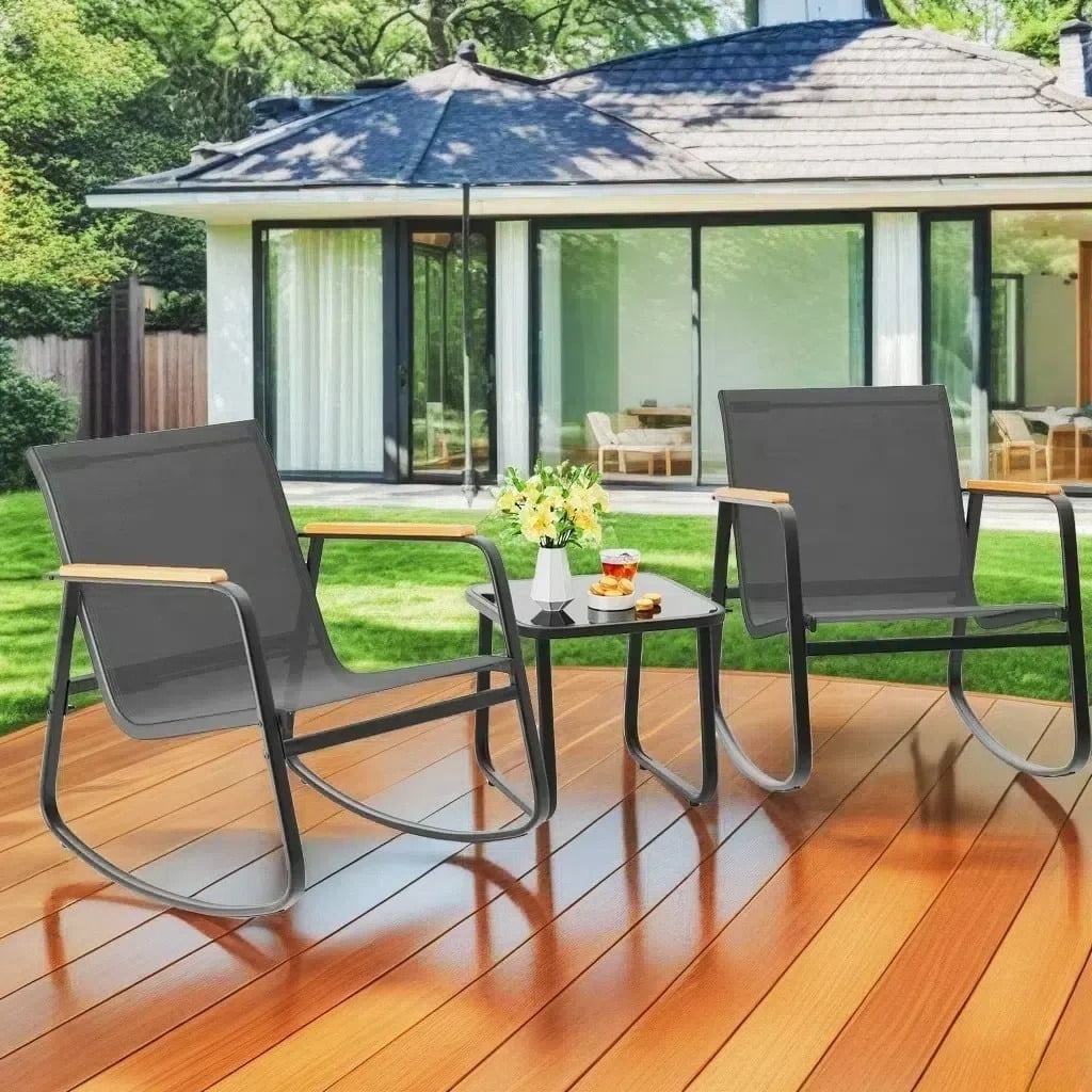Lofka 3 Piece Patio Furniture Set, Outdoor Rocking Chair Set with Side Table, Black