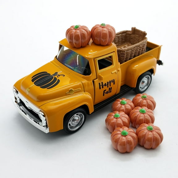 Thanksgiving Orange Truck Decoration,Farmhouse Metal Trucks Orange Pickup Tiered Tray Decor for Tabletop Home Kitchen Centerpiece Decorations,Harvest Festival Truck with 8 Pumpkins Decor