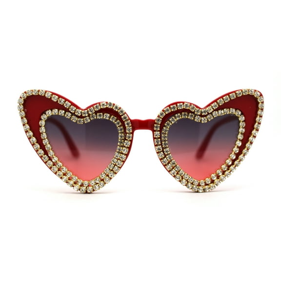 Womens Rhinestone Jewel Trim Classic Cat Eye Heart Shape Sunglasses Red Black Red