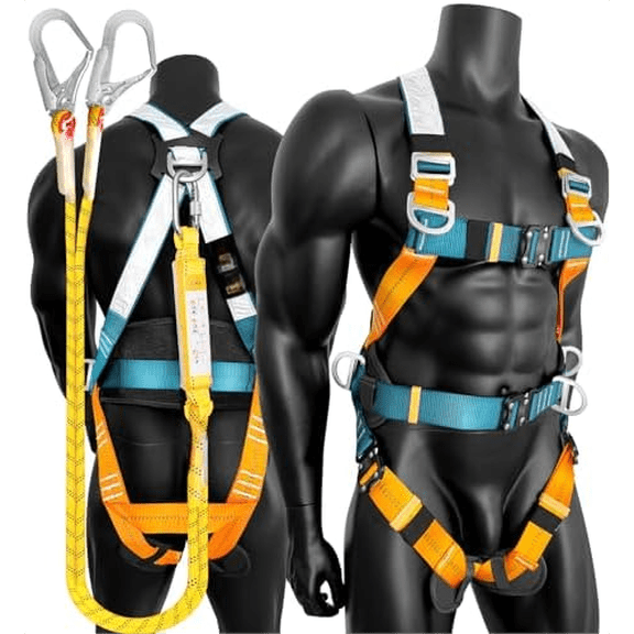 Universal Full-Body Fall Protection Safety Harness with 5 D-Ring and Mating Buckle Legs | Tongue Buckle& Quick Release| Shock Absorbing Lanyard (OSHA/ANSI) (Reflective Full Body Harness)