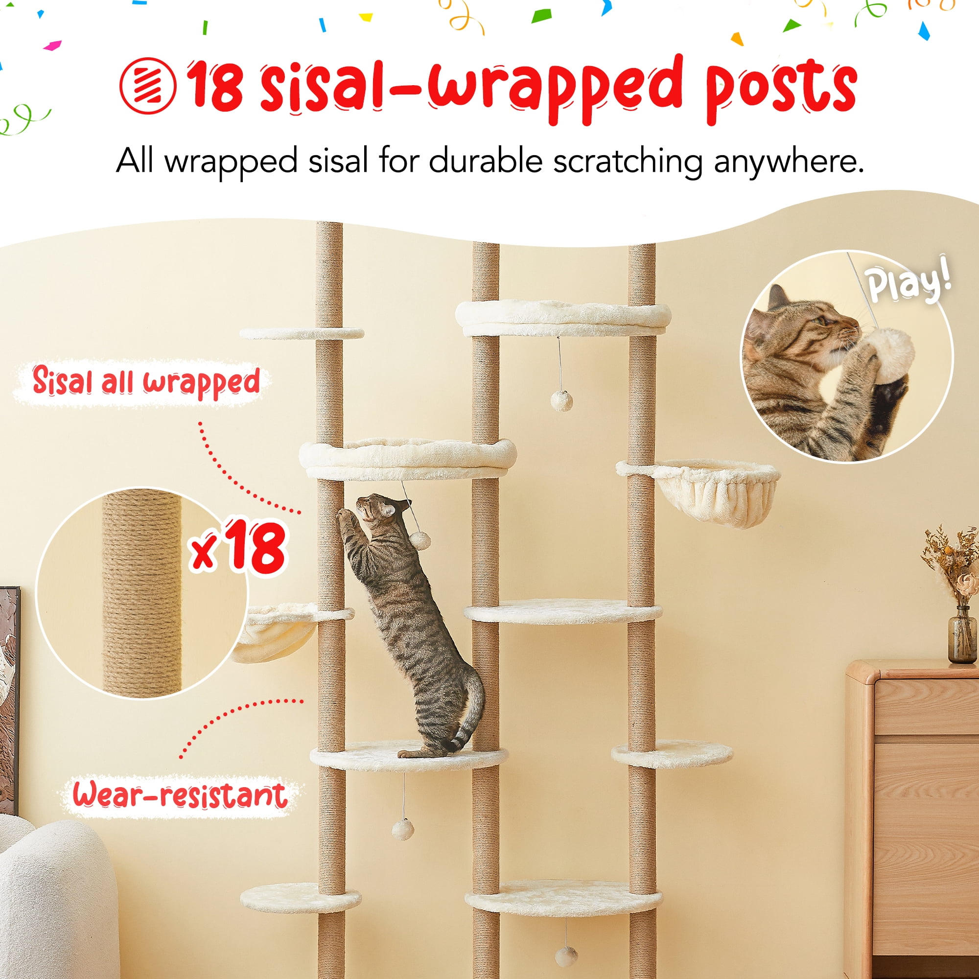 Floor to Ceiling Cat Tree, Tall Cat Tower Adjustable Height (88”-114”=223-290CM), 6-Tier Cat Climbing Tower with 18 Fully Sisal Scratching Posts,Beige
