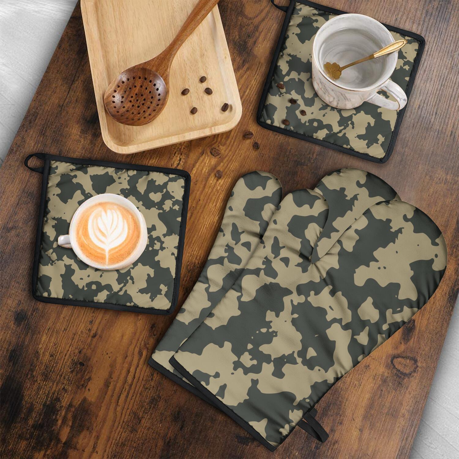 Camouflage Oven Mitts and Pot Holders Set Of 4, Heat Resistant Kitchen Gloves with Non-Slip Grip, Hanging Loop, Soft Cotton Lining for Baking, Cooking, Grilling, Barbecue