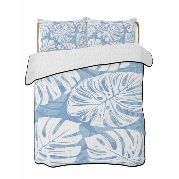 Quilts Twin Size Bedding Set, Light Blue Monstera Deliciosa Lightweight Quilted Comforter, Summer Botanical Tropical Soft Reversible Bedspread Coverlet with Pillow Covers for All Season, 68" x 86"