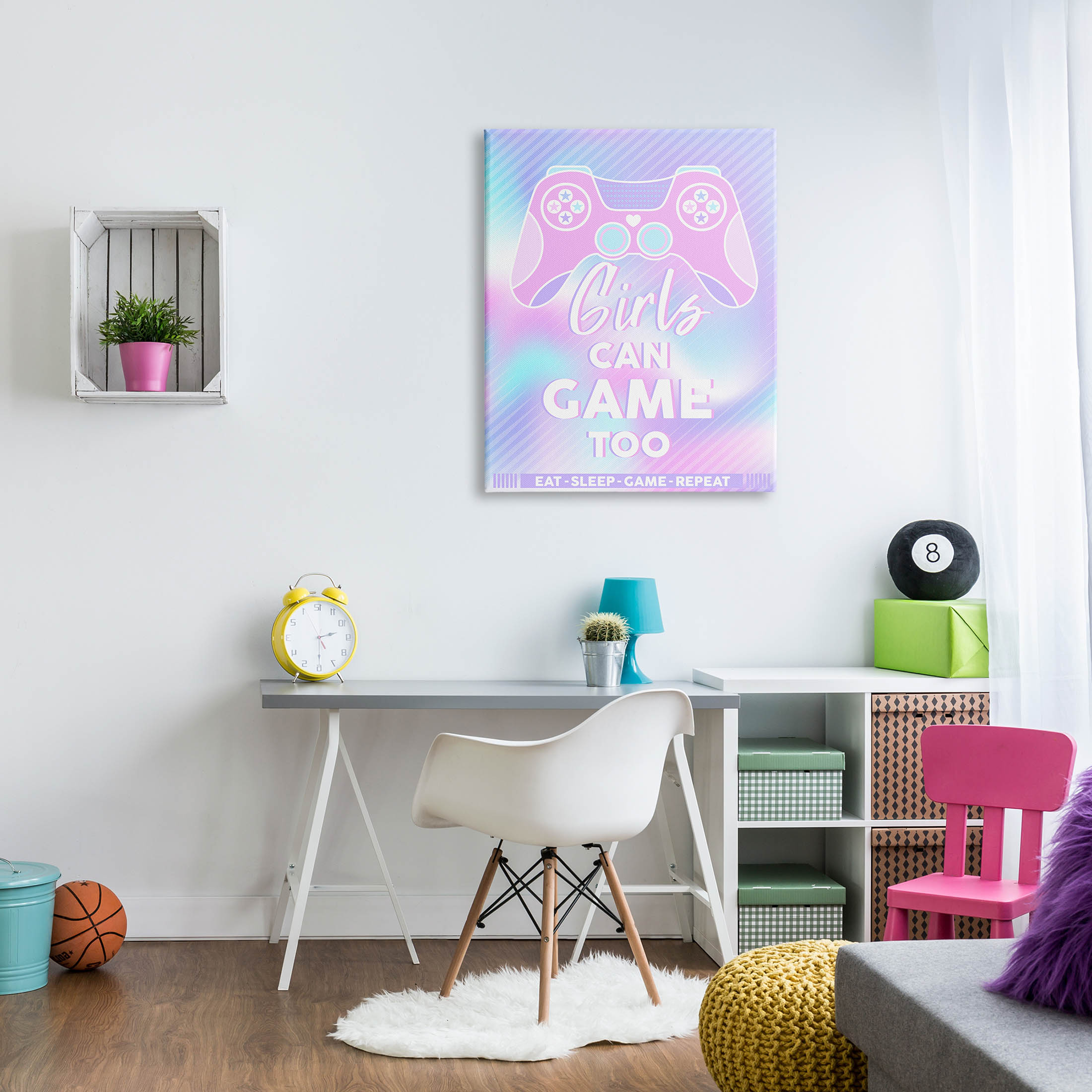 Girls Can Game Too Pastel Phrase Art for Kids Graphic Art Gallery Wrapped Canvas Print Wall Art