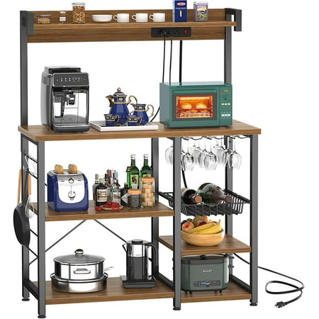 

bafwm Bakers Rack with Power Outlet Microwave Stand Kitchen Shelf with Wire Basket Coffee Station with Wine Glass Holder 35.4 Kitchen Rack for Spices Pots and Pans Black Oak