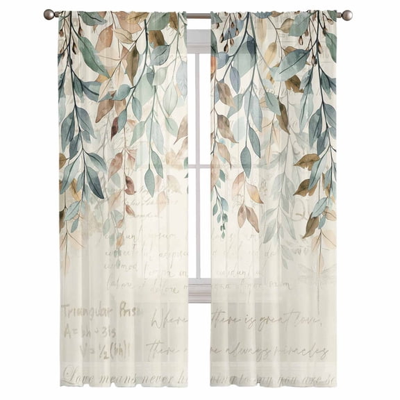 Green Brown Botanical Semi Sheer Curtains 108 Inch Length 2 Panels Set, Farmhouse Eucalyptus Leaves Rustic Sheer Kitchen Curtain Privacy Voile Window Curtain for Living Room Bedroom Rod Pocket Drapes
