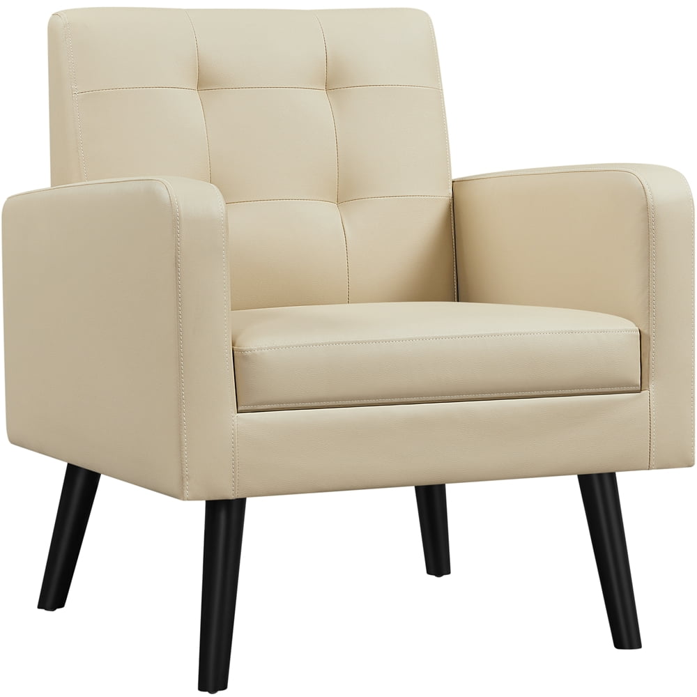 Alden Design Mid Century Faux Leather Tufted Accent Chair for Living Room Beige