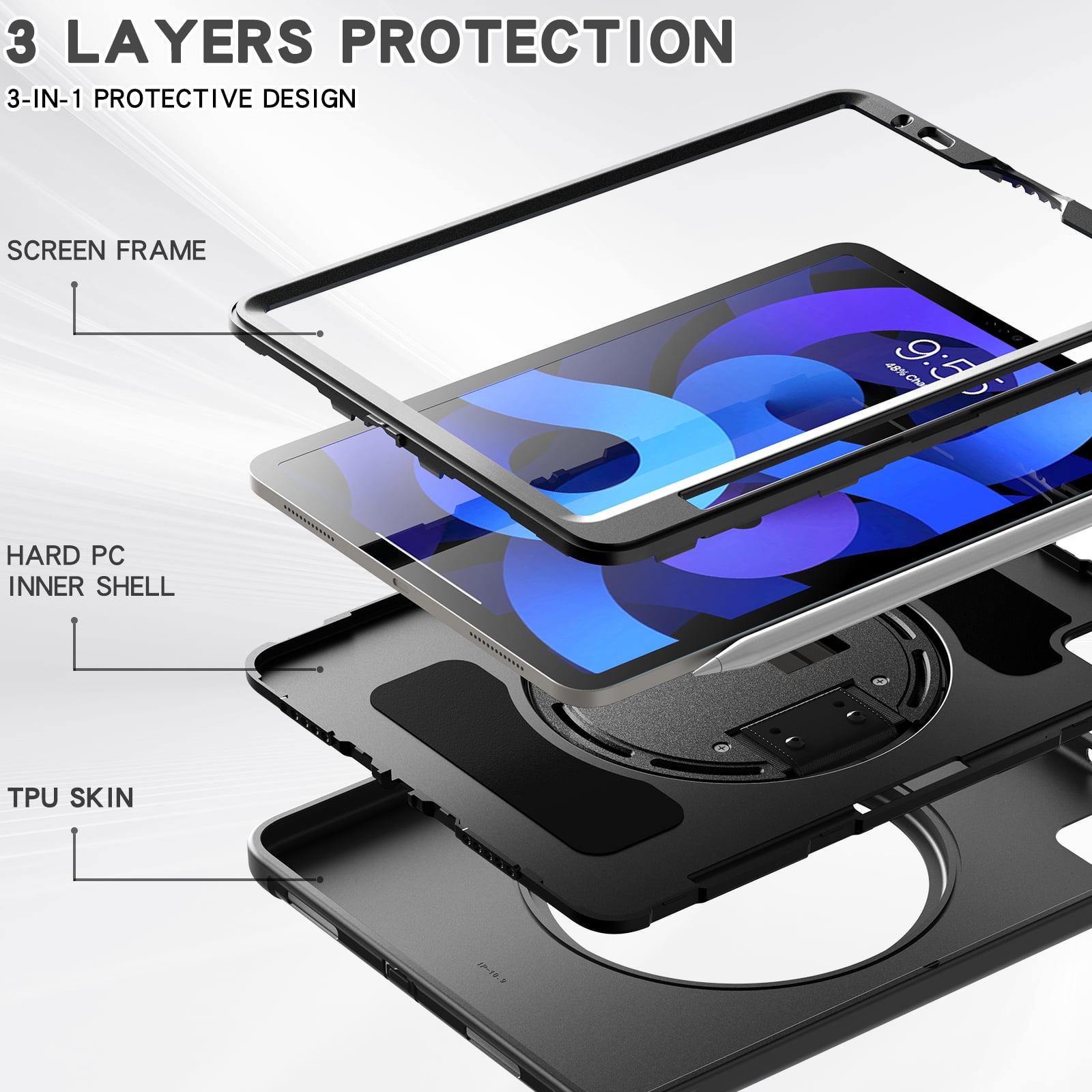For iPad Air 11 Inch 2026/2025/2024 Case with Pencil Holder, Military Grade Shockproof Kickstand Handle Strap Anti-Scratch Kids Friendly Bumper Tablet Case Cover for Apple iPad Air 11" M4 M3 M2