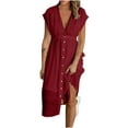 thumbnail image 4 of VKEKIEO Womens Summer Dresses Sun Dress V-Neck Short Sleeve Solid Red XL, 4 of 9