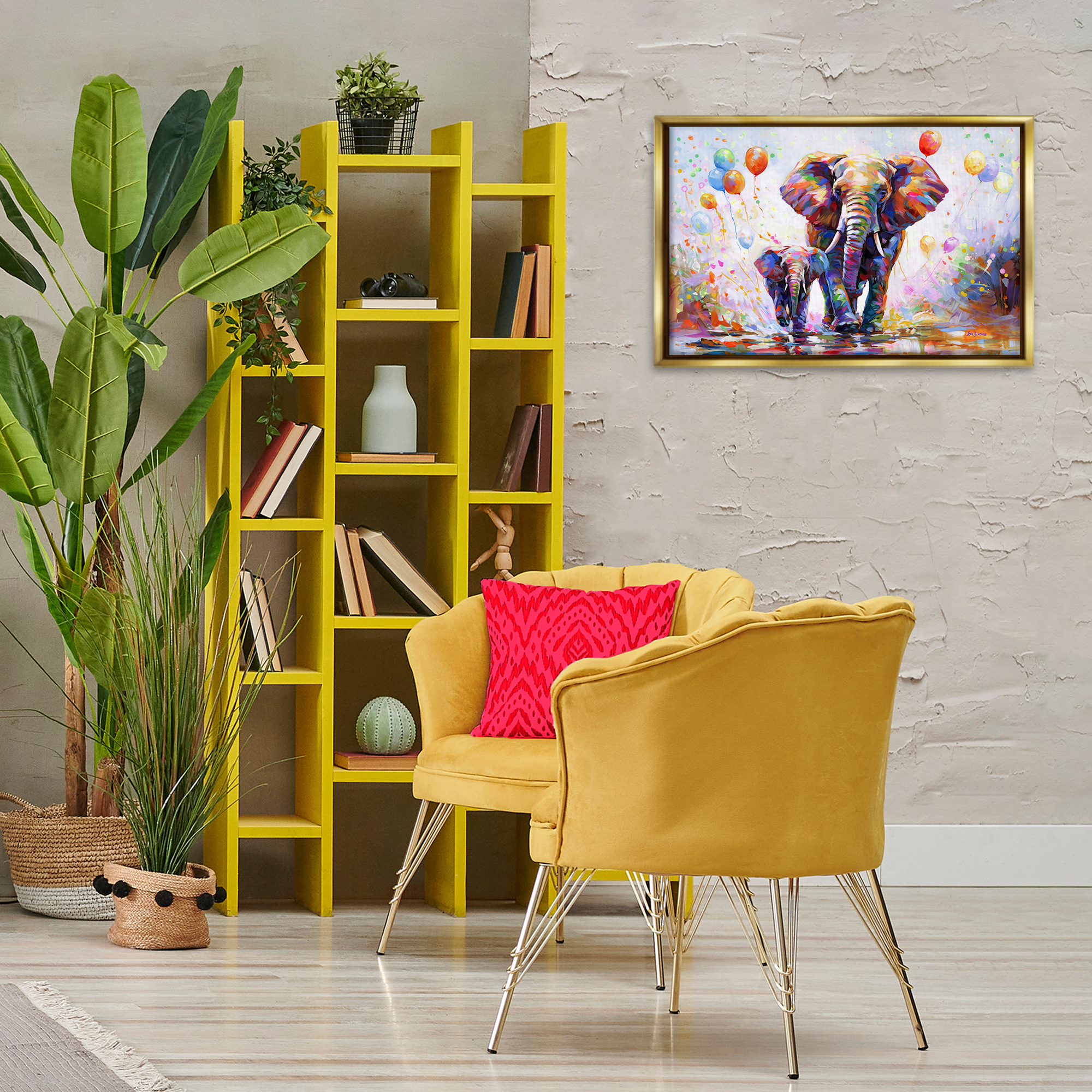 Stupell Industries Elephants & Balloons Animals & Insects Painting Gold Floater Framed Canvas Art Print Wall Art, 25 x 17
