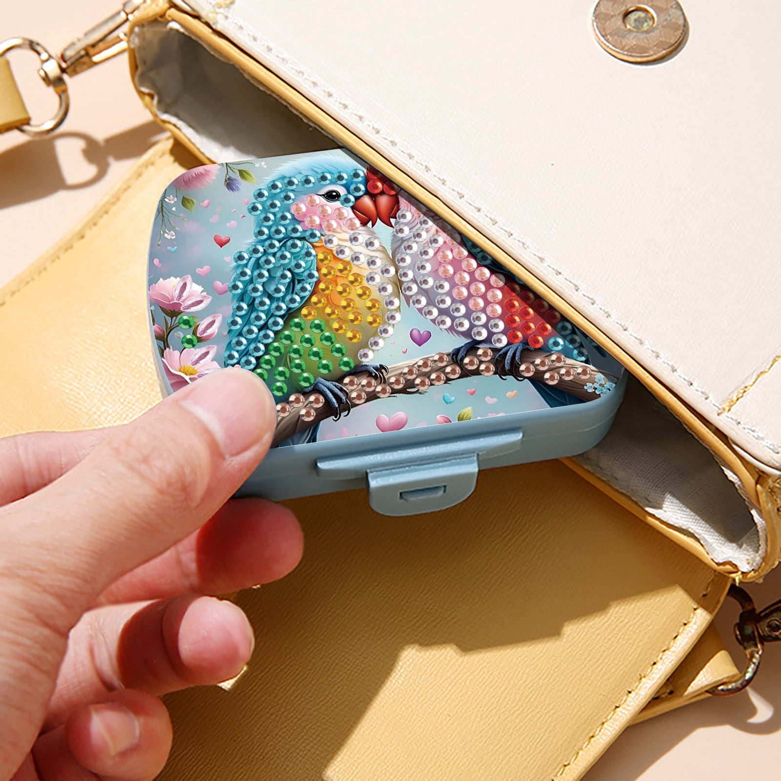 FLOPESN Diamond Art Painting Mini Storage Box with 6-Grid,Creative Design Compact Portable Small Case for Purse Travel Daily- Colorful Bird