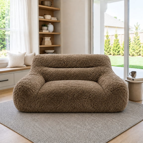GDF Studio Oversized Boucle Accent Chair, Compressed Lounge Chair with Plush Cushion, Modern Reading Chair, Brown
