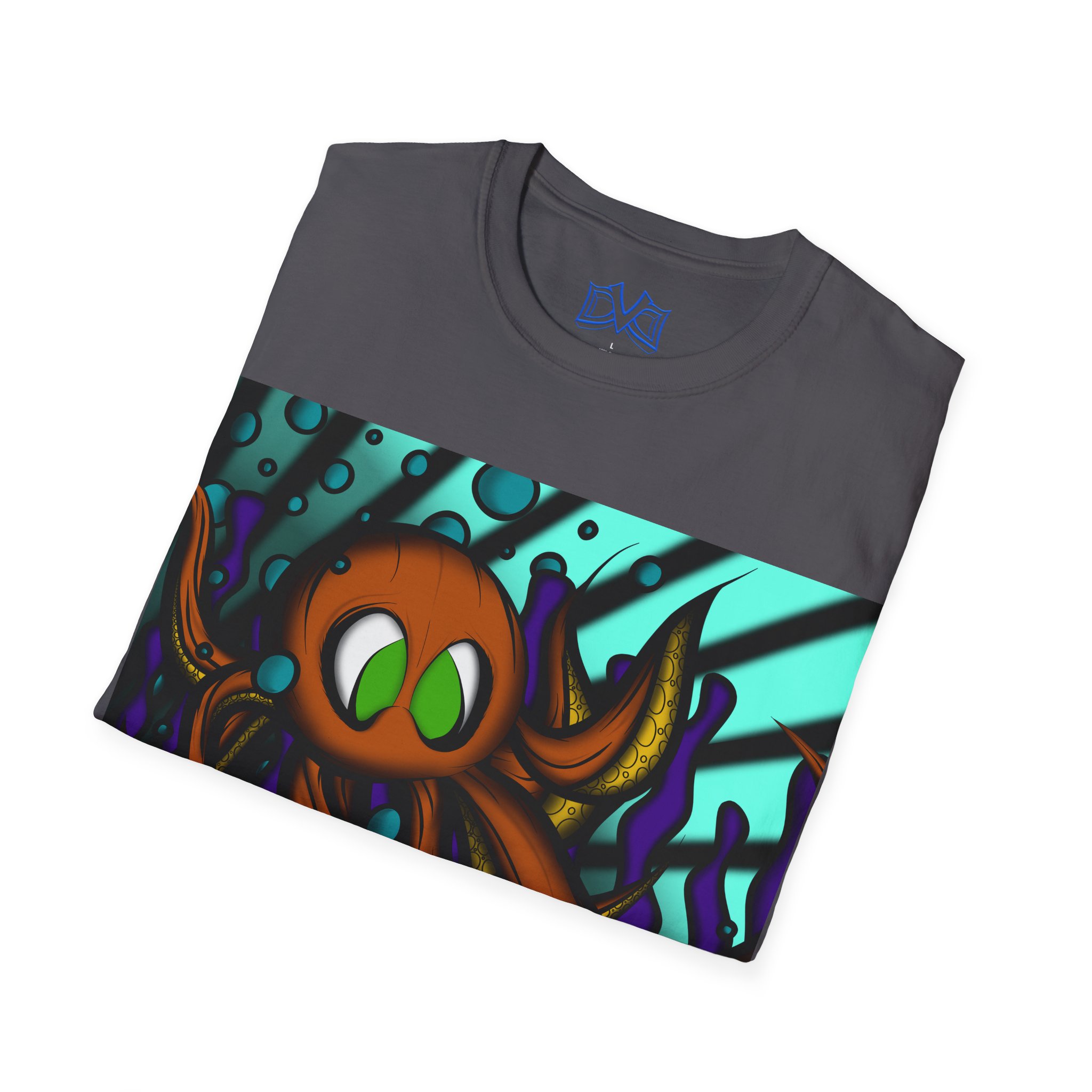 Octopus 9 tentacles, hand drawn art, skate & surf wear on a Unisex T Shirt.
