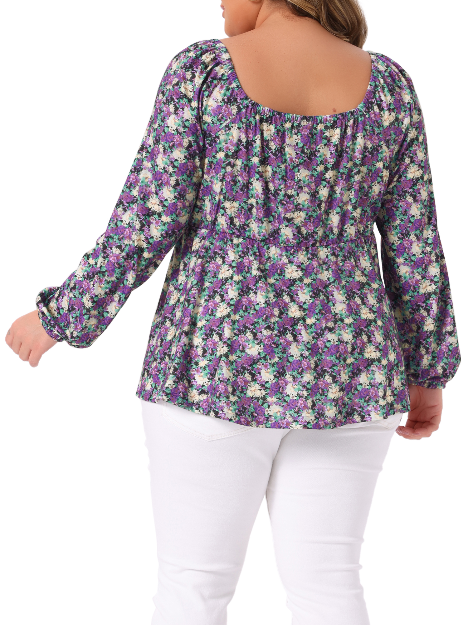 DARING DIVA Women's Plus Sweetheart Neck Long Sleeve Floral Blouse 1X Purple