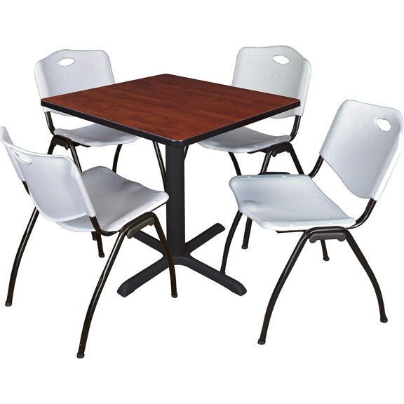 HomeStock Urban Oasis 30" Square Breakroom Table- Cherry & 4 'M' Stack Chairs- Grey, Ideal for Cafeterias, Dining, and Office Spaces