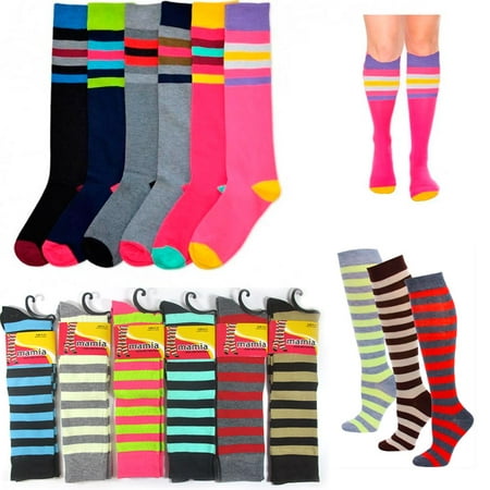 All Top Bargains 6 Pair Womens Girls Knee High Socks Lot Multi Pattern School Soccer Stripes