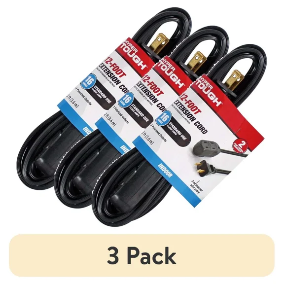 (3 Pack) 12Ft 16Awg 2 Prong Black Indoor Household Extension Cord, 13 Amps