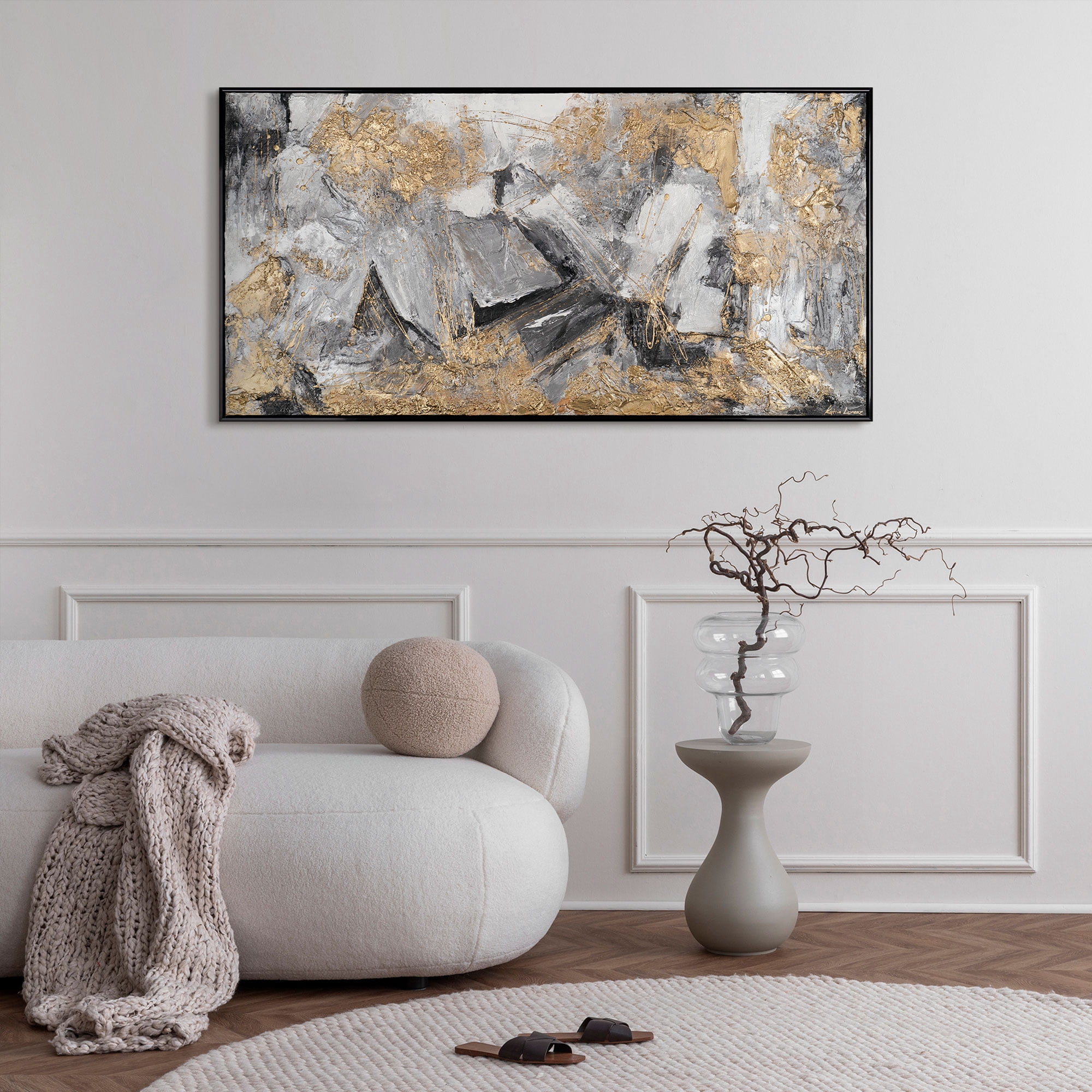 YS-Art Gold and Silver Acrylic Textured Metallic Canvas Wall Art with Black Frame, Modern Painting for Home Decor, 32x63 in