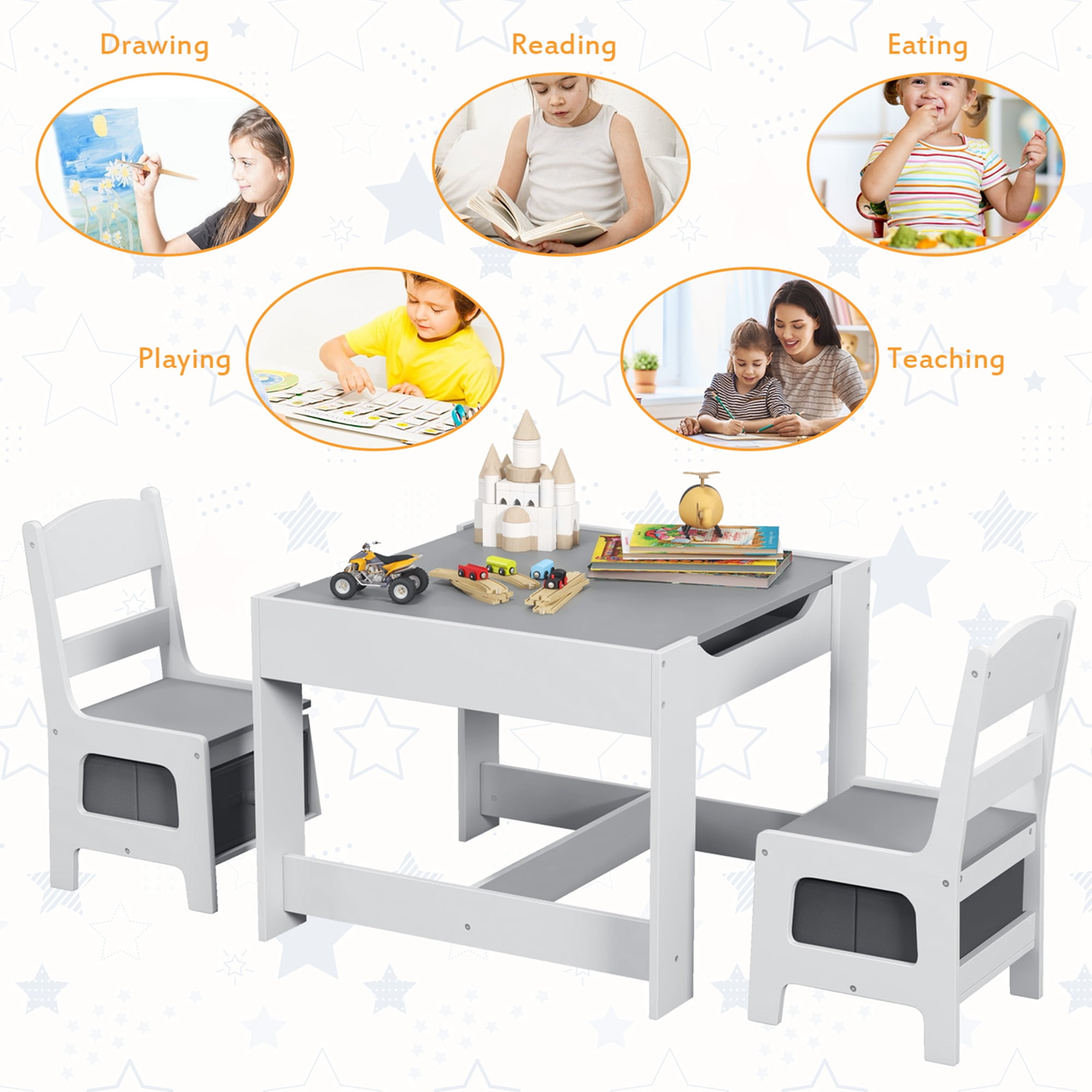 Costway Kids Table Chairs Set With Storage Boxes Blackboard Whiteboard Drawing Grey