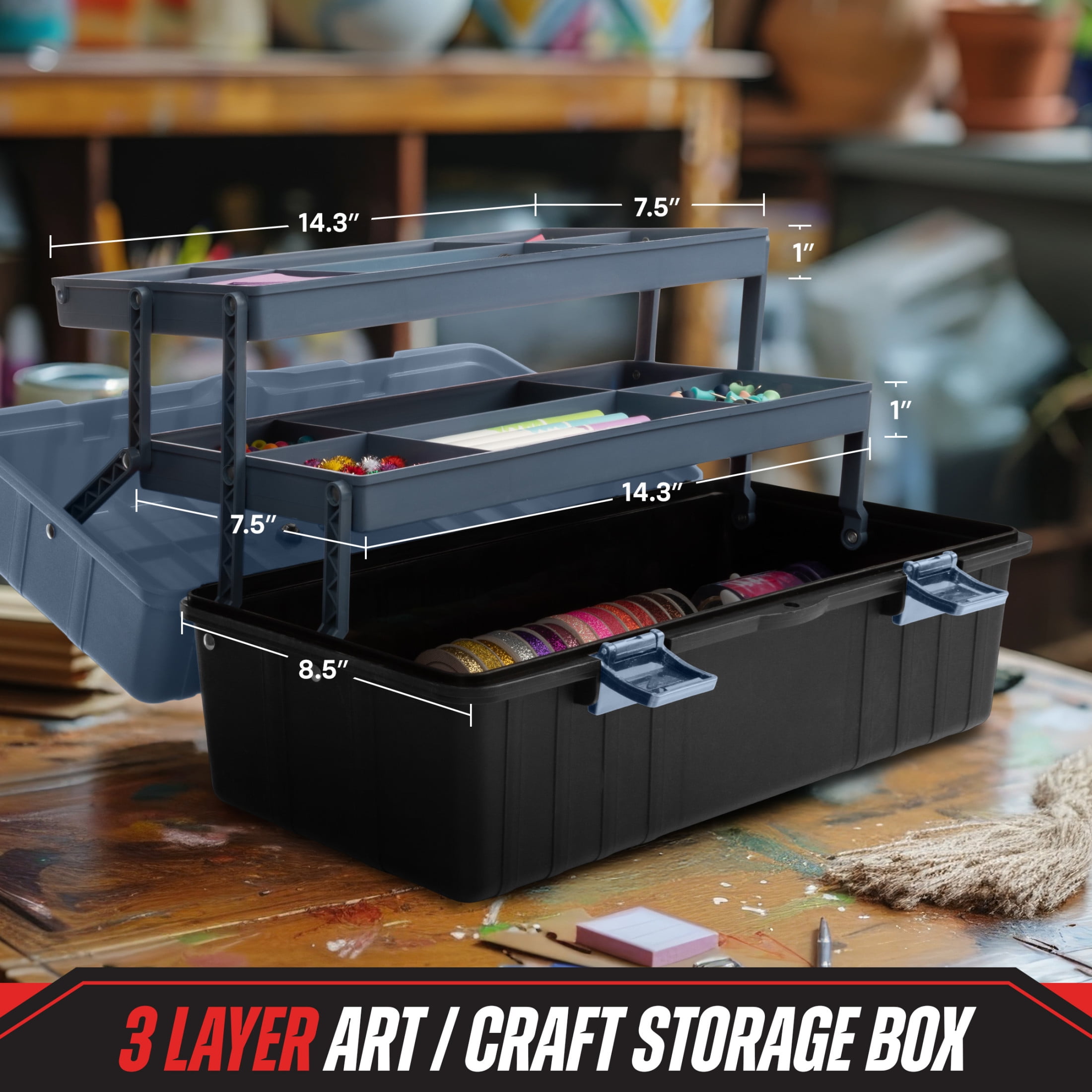 Stalwart Plastic Tool Box Organizer - 15.94in 3-Tier Portable Toolbox or Tackle Box Organizer, Gray