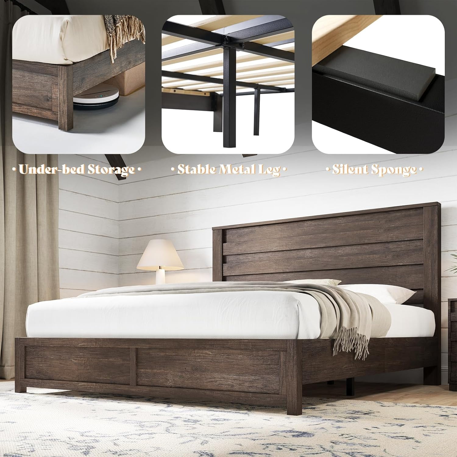LUXOAK King Size Bed Frame with Natural Wood Platform, 49" Fluted Headboard, Grey