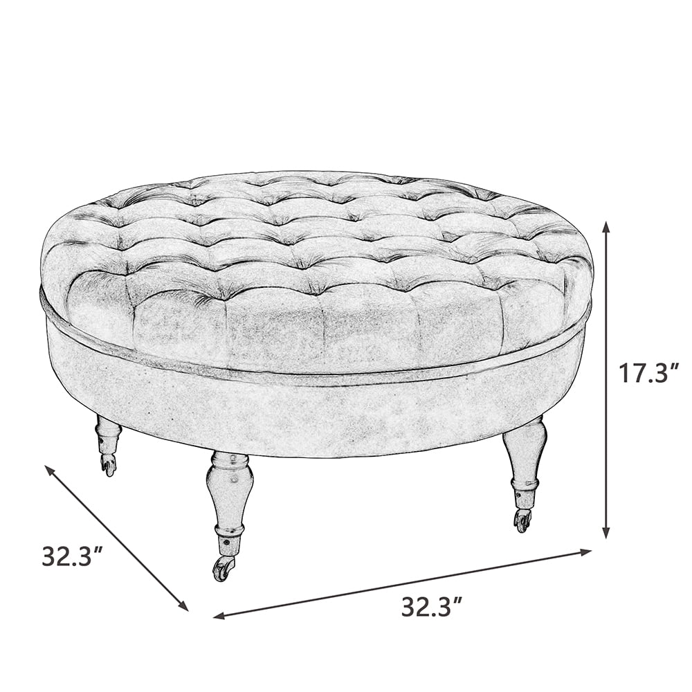 32 in. Dark Gray Velvet Upholstered Round Cocktail Ottoman with Wheels