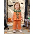 thumbnail image 4 of RUINIXCW Toddler Baby Girl Halloween Outfit Infant Baby Girls Summer Fall Clothes Pumpkin Embroidery Peter Pan Collar Babydoll Shirt Top and Flared Pants Set, 4 of 9