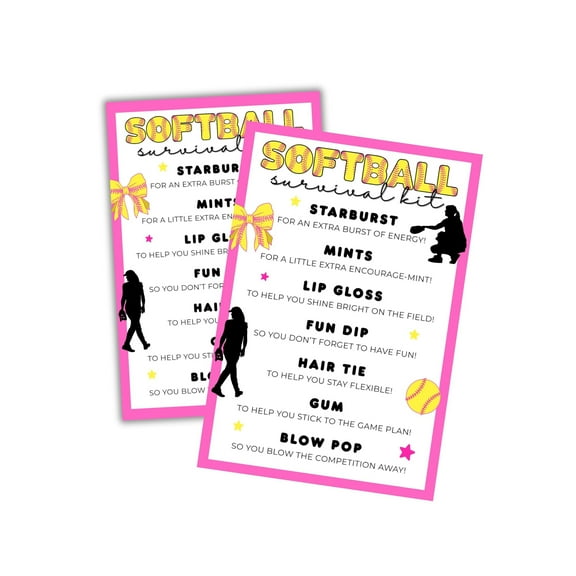 Softball Survival Kit Cards 30pk 4x6 List Tag Labels Emergency Welcome Back Travel Team Girls Printables for Coaches Ball Players Goodie Bag