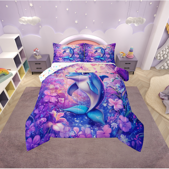 Erosebridal Funny Dolphin Bedding Sets Twin with Comforter, Dreamy Flower Duvet Insert, Ocean Animal Reversible Down Comforter, Microfiber Bedroom Decoration