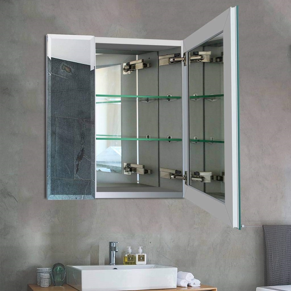 Taimei DIY Wall 2-Door Frameless Mirror Medicine Cabinet 30" Wx26" Hx4.5/8” D with Beveled edges, Color Satin, Bathroom Mirror Cabinet with Adjustable 2 Glass Shelves, Storage Cabinet by FOCA US