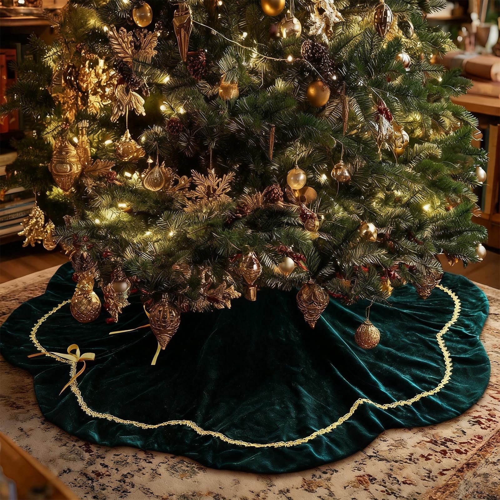 Christmas Decorations, Velvet Christmas Tree Skirt Holiday Tree Base Cover with Bow Tie Design Green Decorative Tree Skirt for Christmas Tree Ornament Display