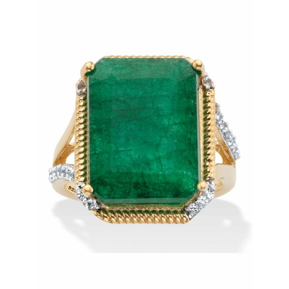 PalmBeach Jewelry Genuine Green Emerald and White Topaz Split-Shank Two-Tone Cocktail Ring 9.05 TCW Gold-Plated Sterling Silver