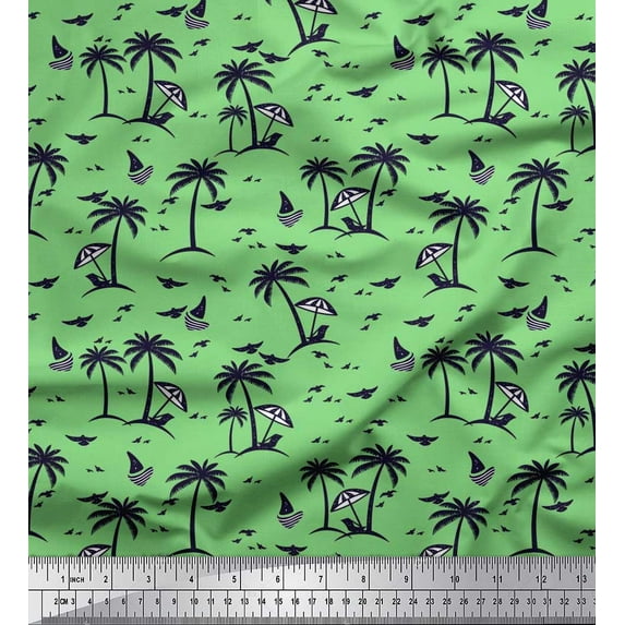 Soimoi Japan Crepe Satin Fabric Coconut Tree,Bird & Sailboat Beach Printed Fabric 1 Yard 42 Inch Wide