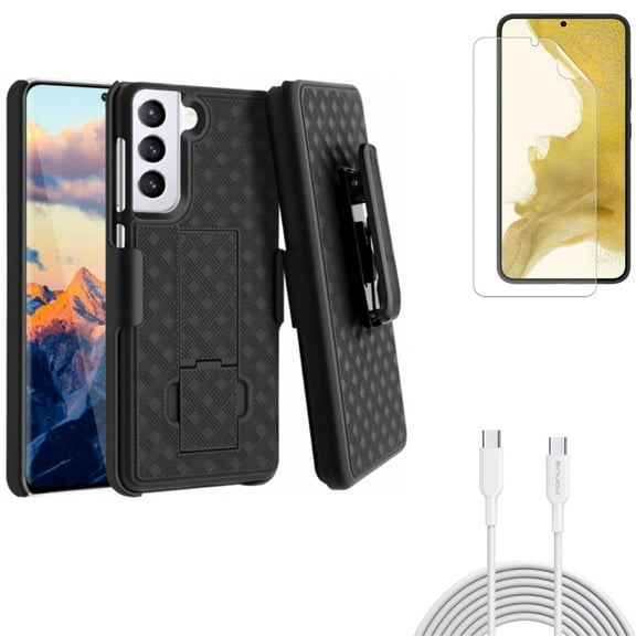 For Samsung Galaxy S21 (6.2") - Anti-Glare TPU Film Matte Screen Protector   PD Fast Charger Cord 10ft Long Type-C Cable   Swivel Holster Case Belt Clip