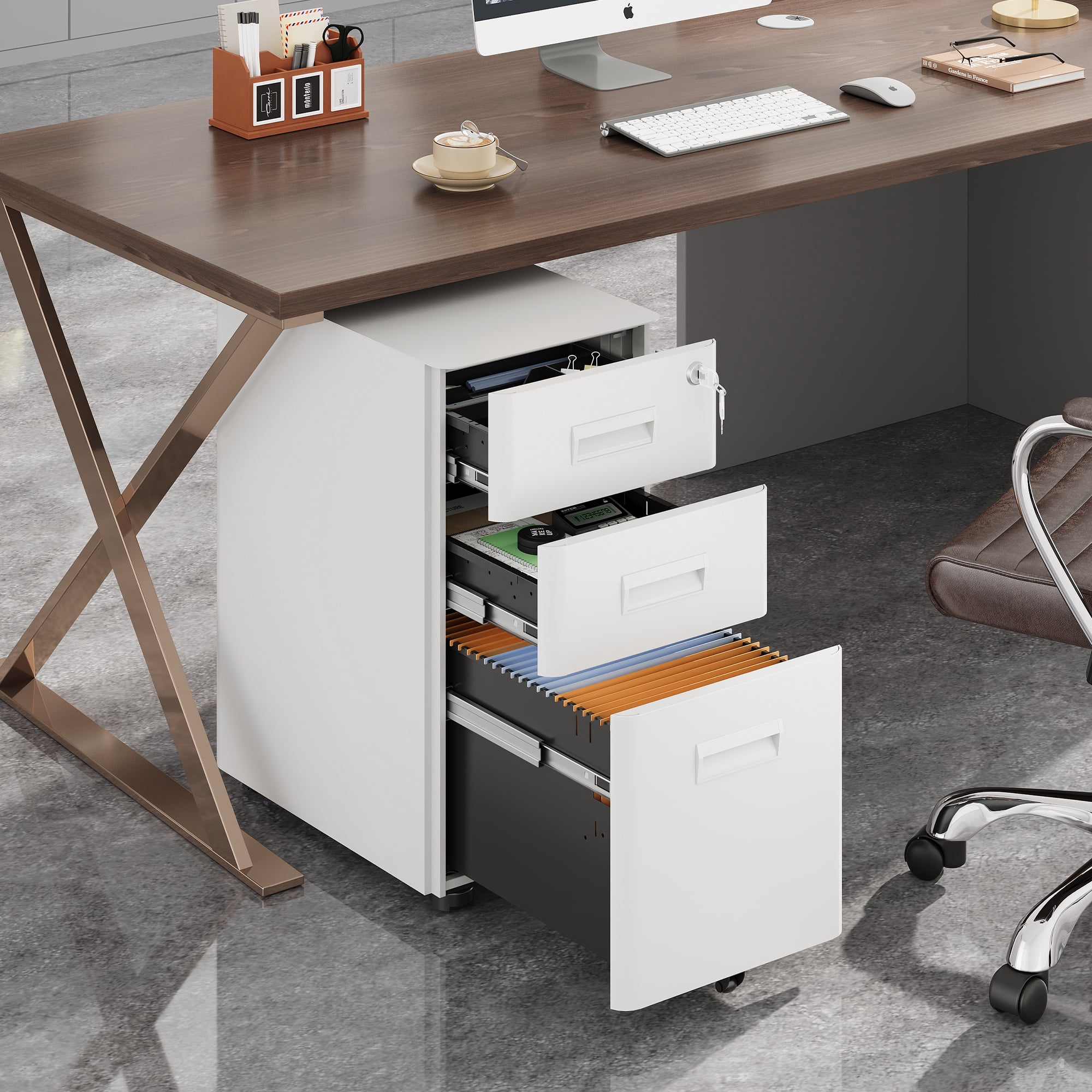 GALAXHERO 3 Drawer Metal File Cabinet with Lock, Mobile Filing Cabinet on Wheels for Home Office, Fully Assembled, Rounded Corners, Fit Legal/Letter/A4 Size, White