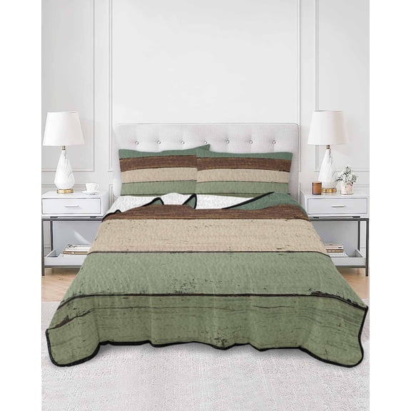 Quilts Full Size, Green Brown Soft Comforter Bedding Set for Bed, Country Wood Grain Abstract Stripe Lightweight Quilted Bedspread with Pillow Cover(2 Pieces) for All Season, 78x90 Inch