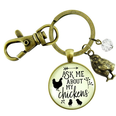 Chicken Mom Keychain Gutsy Goodness Bronze Metal Ask Me About My Chickens Novelty Gift Farm Life Adult Female Jewelry