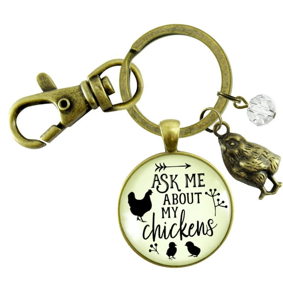 Chicken Mom Keychain Gutsy Goodness Bronze Metal Ask Me About My Chickens Novelty Gift Farm Life Adult Female Jewelry