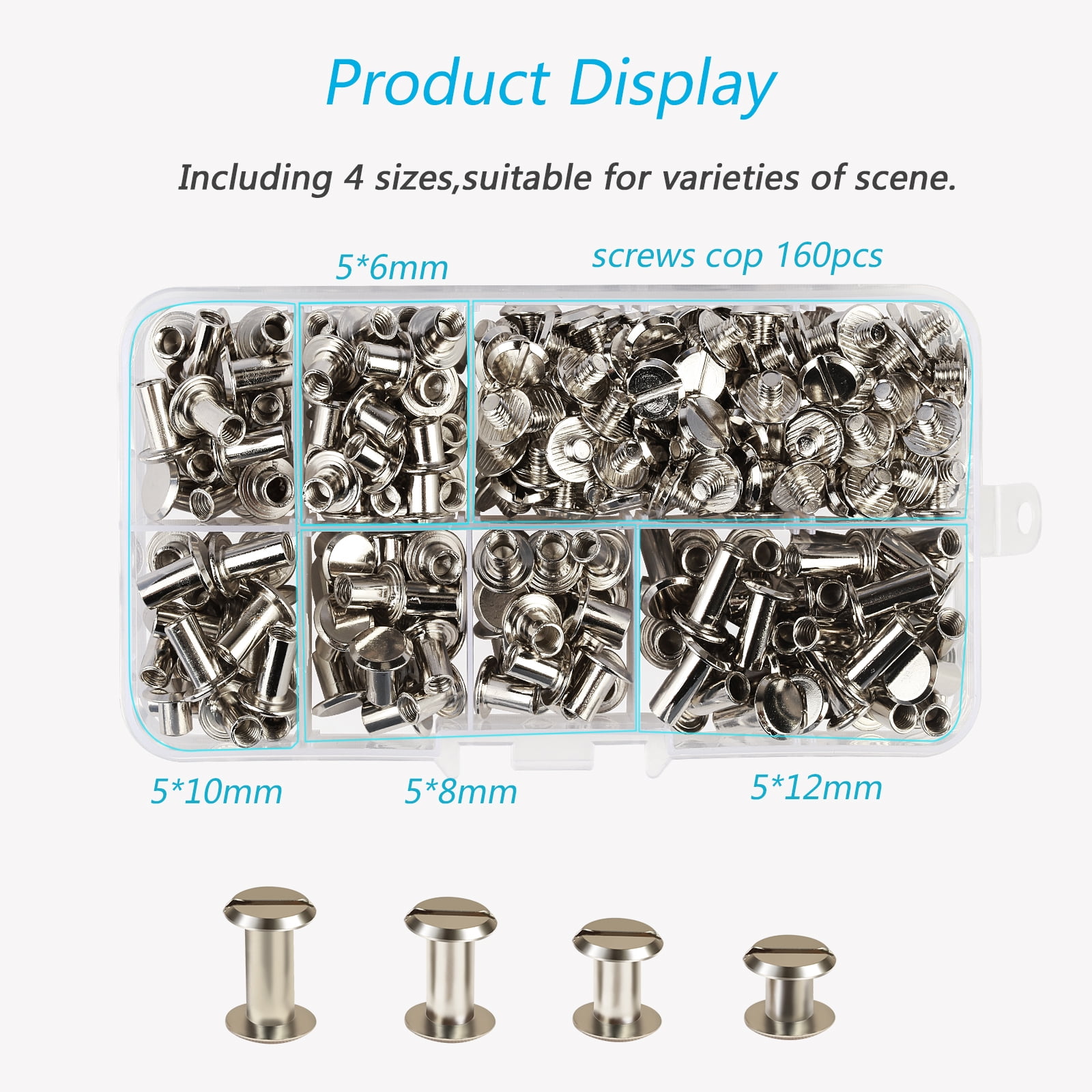 AirSMall 160Pcs Chicago Binding Screws 4 Size Binding Screw Metal   Nail Rivet Chicago Button for DIY Leather Belts Bookbinding