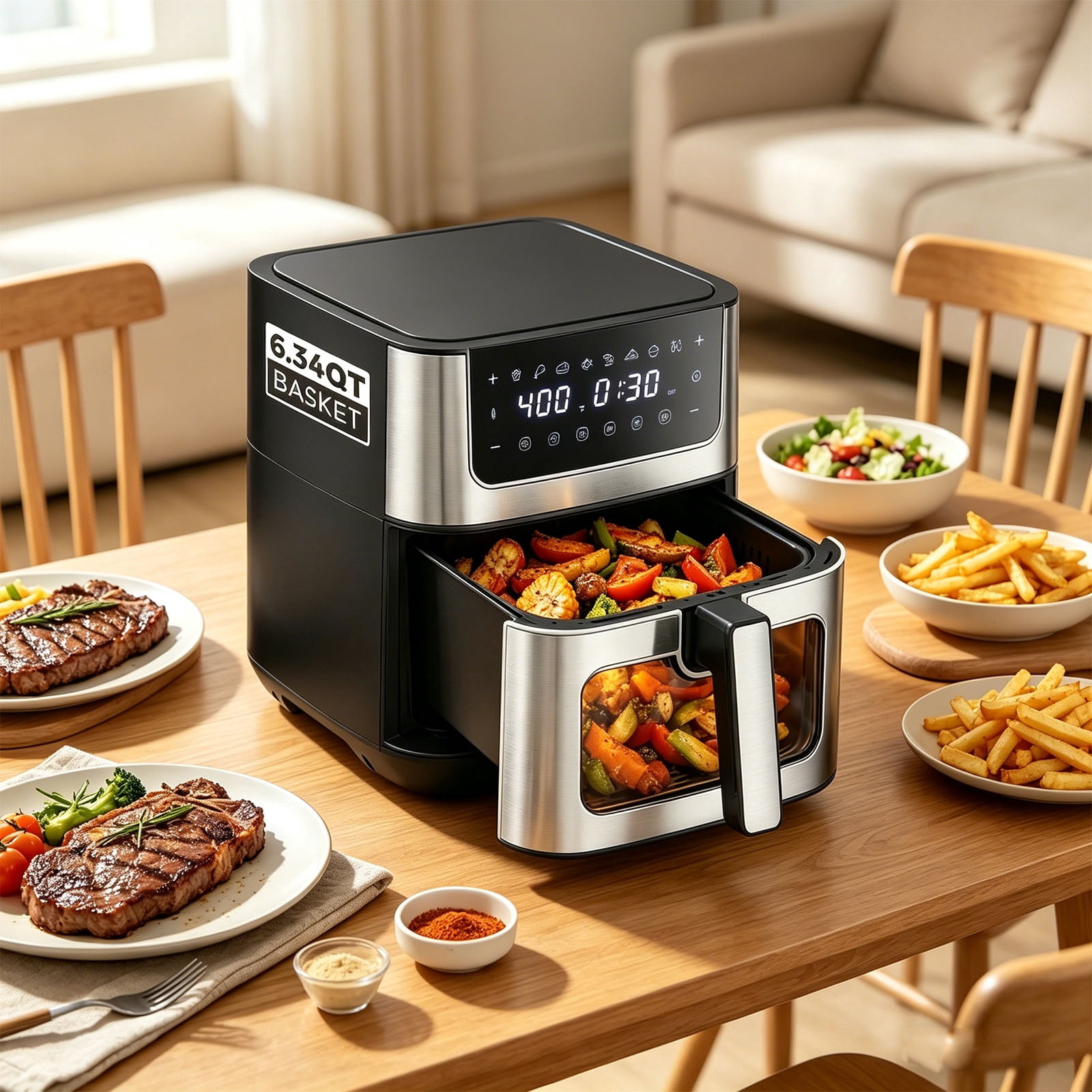 Casabay 6.34 QT Air Fryer with Viewing Window, 1500W 8-in-1 Electric Hot Air Fryer Oven, Digital Display, Compact Multi-Functional Cooker for Home Kitchen, Black