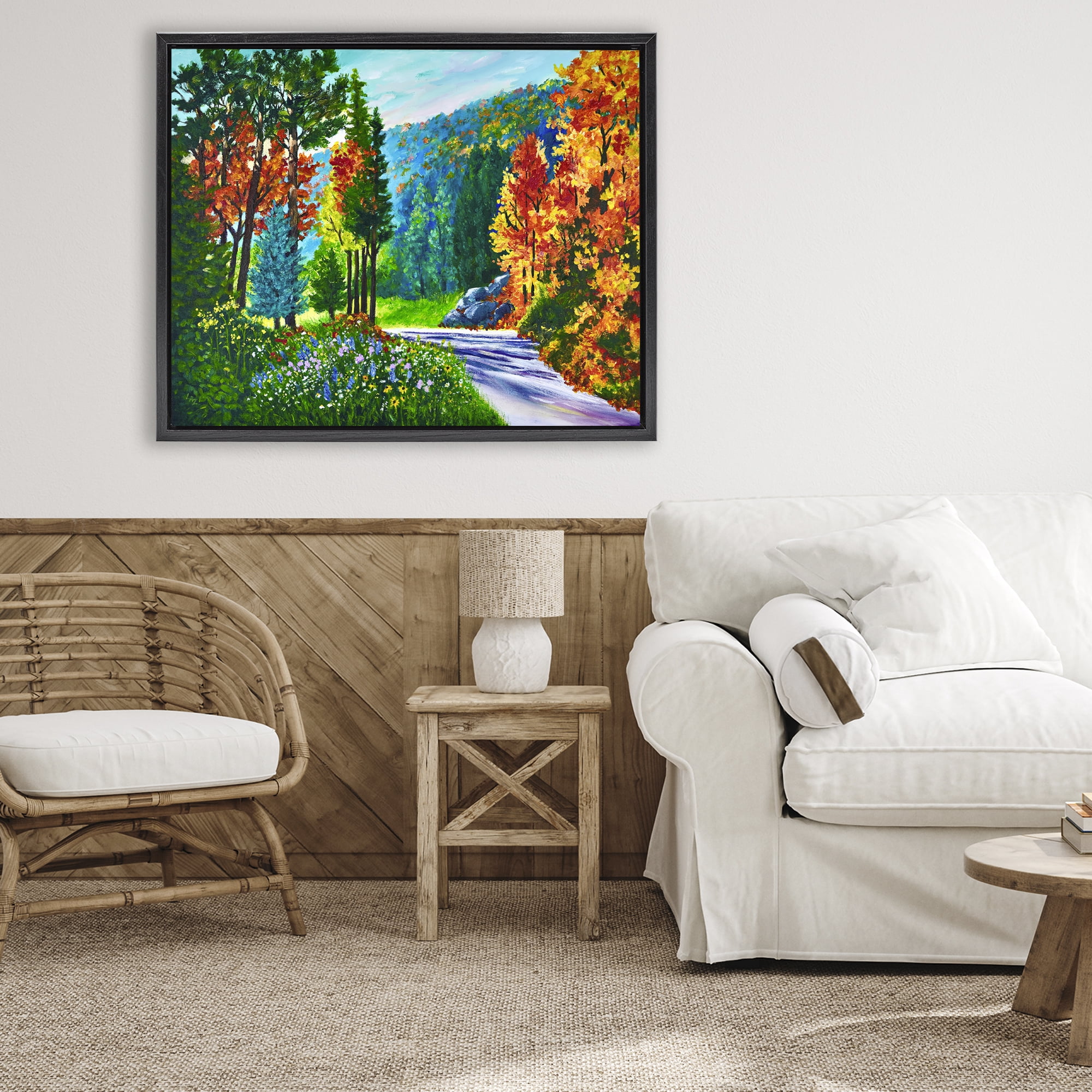 Stupell Industries Sunlit Autumn Woodland Pathway Black Framed Floater Canvas Wall Art, design by Lee Ann Zirbes