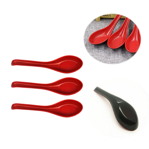 3pcs Plastic Reusable Dinner Spoons Asian Red and Black Chinese