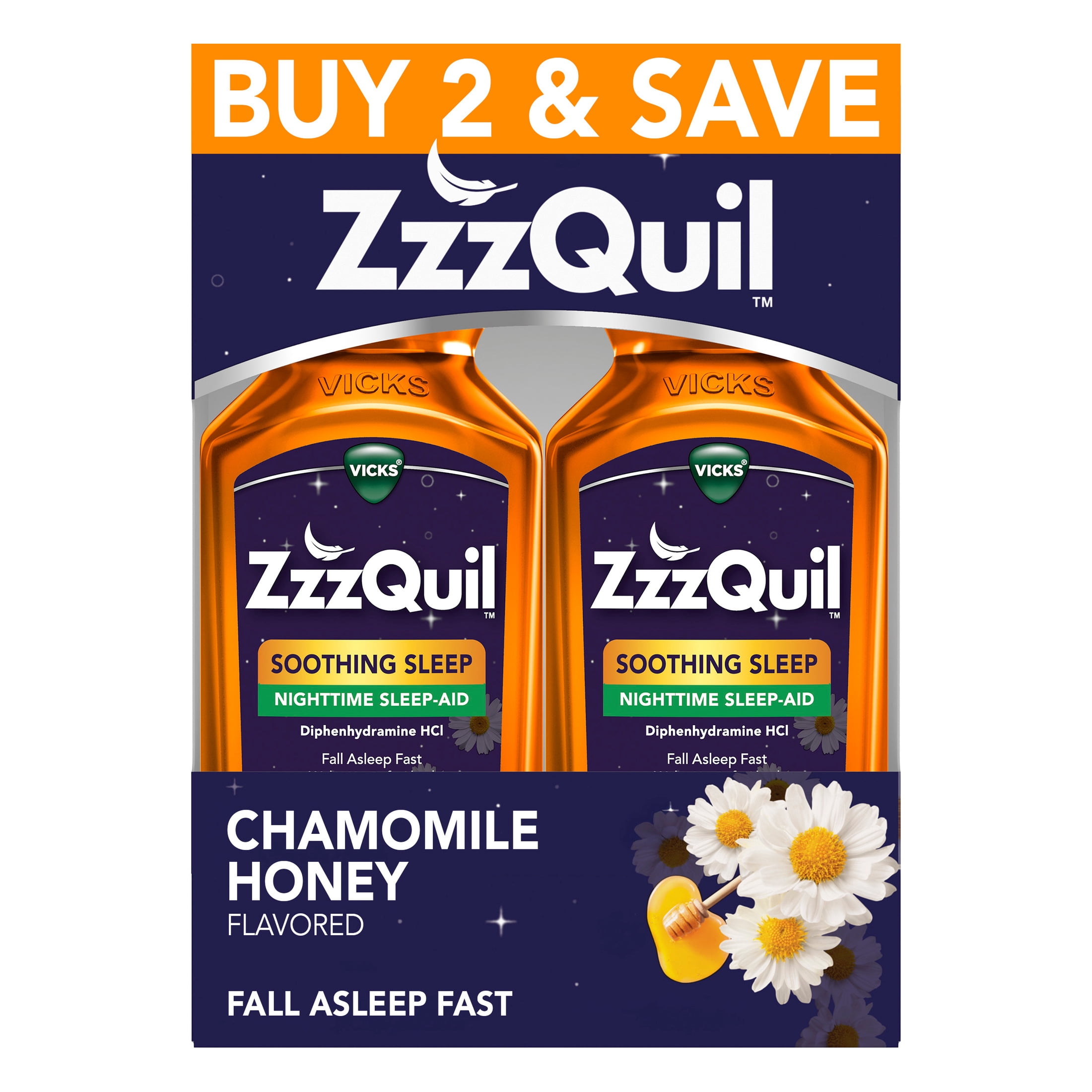 (3 pack) ZzzQuil Liquid Sleep Aid, Soothing Sleep, Diphenhydramine 50mg HCl, Chamomile Honey Flavor, 2 Pack, 24 fl oz