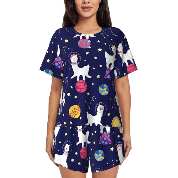 Fotbe Lama in Space Conjunto de Pijama Estampado para Mujer, 2 Piezas, Ropa de Dormir con Camiseta de Manga Corta y Shorts Suaves-X-Large